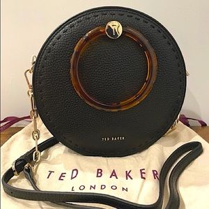 Black Leather Ted Baker Bag with Tortoise Shell Handles and Cross-body Strap